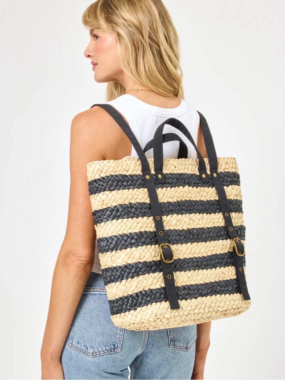 🔘L*Space “summer days” Striped Woven Straw Tote Bag with Black Straps